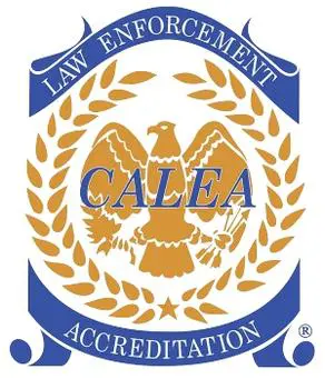 The emblem of the Commission on Accreditation for Law Enforcement Agencies (CALEA) features an eagle and laurel wreath design, symbolizing excellence and re-accreditation.