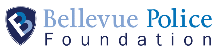 Logo of Bellevue Police Foundation with a shield icon and text "Bellevue Police Foundation" in blue and gray. Bellevue Police Foundation