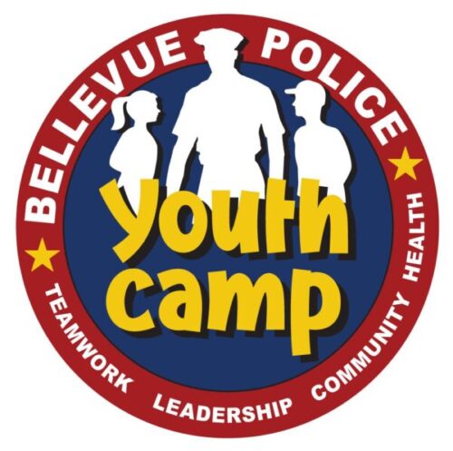 BP_YouthCamp_Circle2 Red and blue Bellevue Police Youth Camp logo featuring silhouettes of a man and two children. Emphasizing "Teamwork, Leadership, Community, Health," the camp fosters success through engaging activities that build character and resilience.