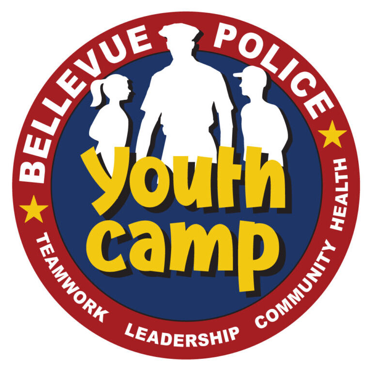 Red and blue Bellevue Police Youth Camp logo featuring silhouettes of a man and two children. Emphasizing "Teamwork, Leadership, Community, Health," the camp fosters success through engaging activities that build character and resilience.